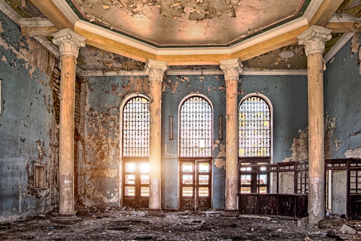 Abandoned overgrown interior of railway station in Gudauta, Abkhazia