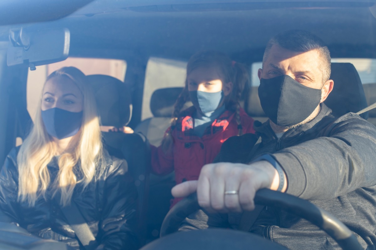 Family Wearing Surgical Mask in car. 