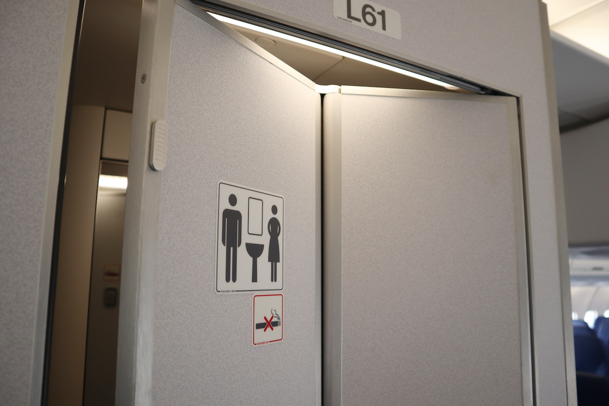 The door to an aircraft's bathroom.