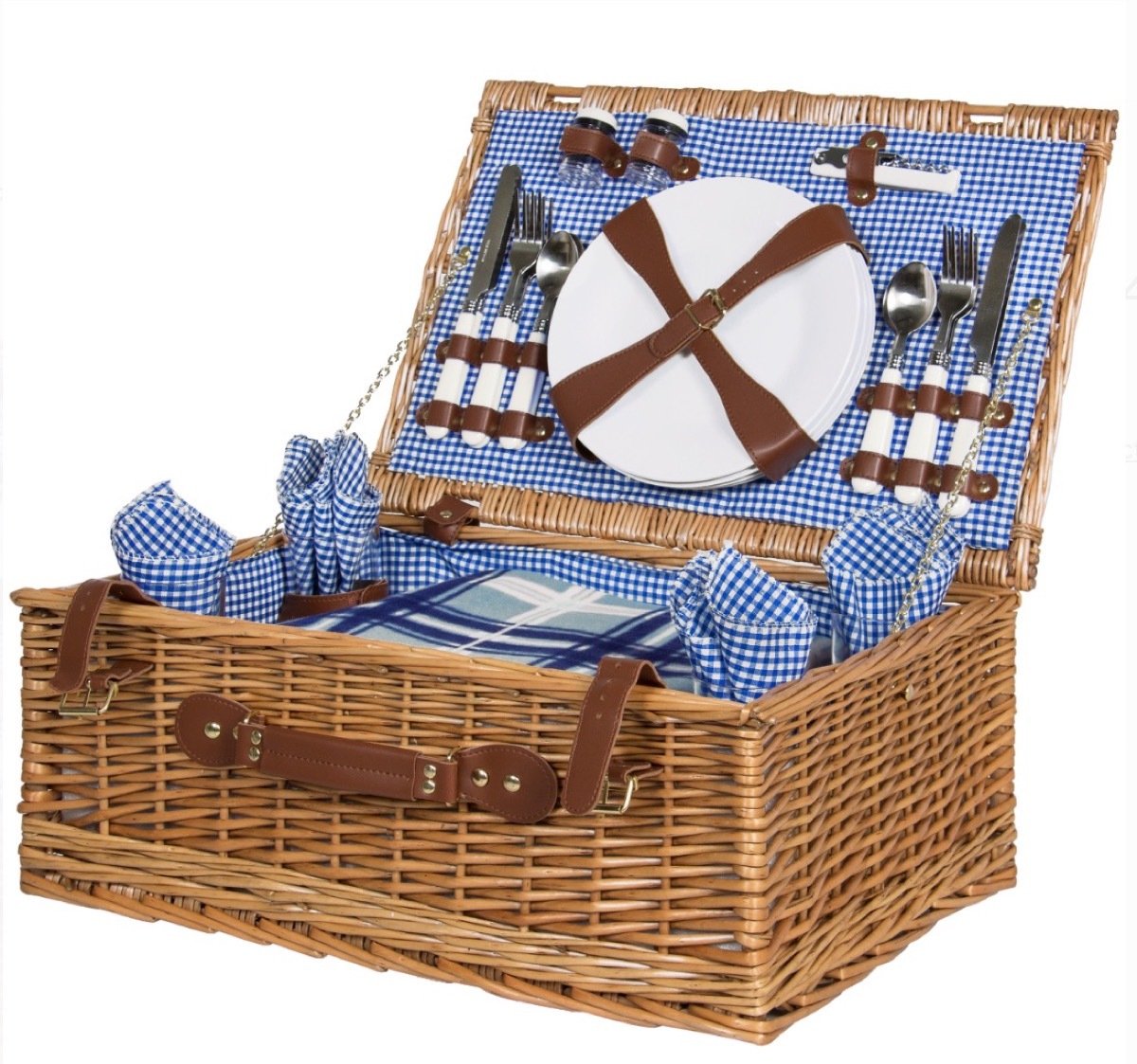 wicker picnic basket with blue lining, picnic essentials