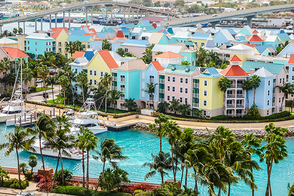 Pastel waterfront houses in the Bahams