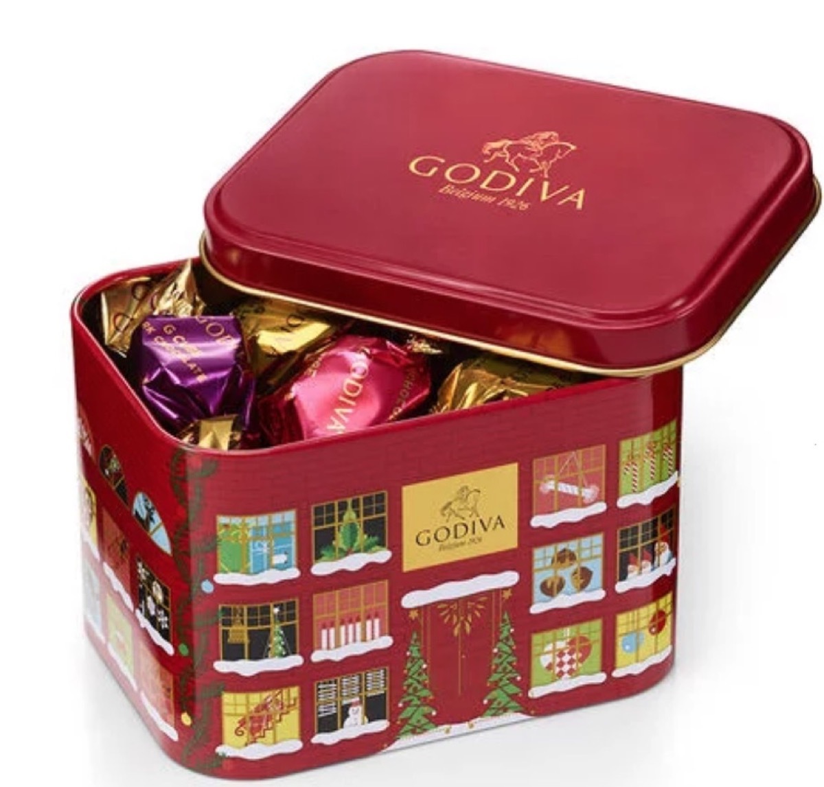 red tin of godiva chocolates