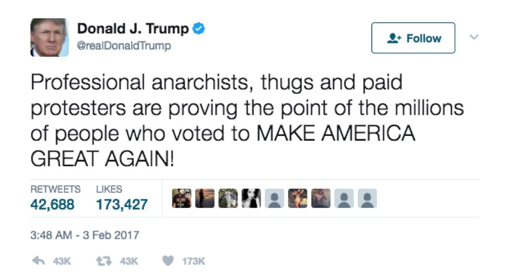 president donald trump's tweets thugs paid protestors