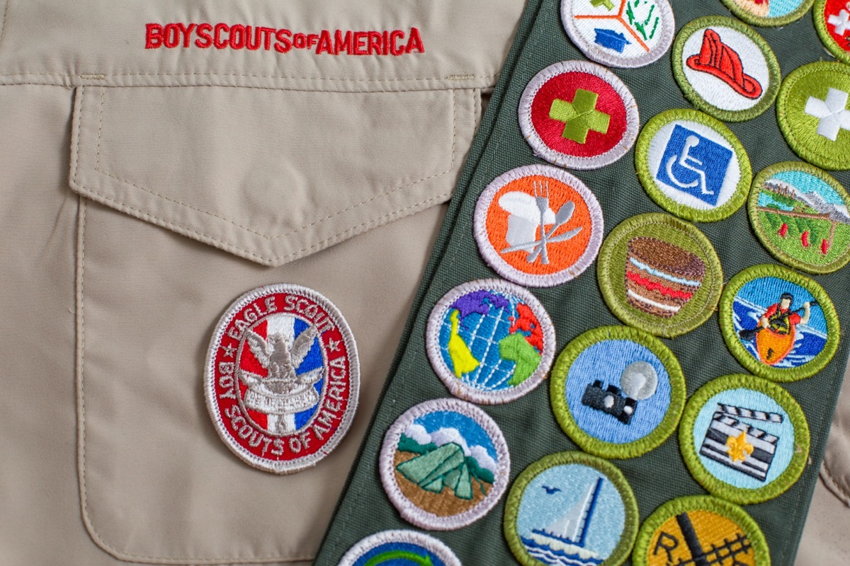 SAINT LOUIS, UNITED STATES - OCTOBER 16, 2017: Eagle patch and merit badge sash on Boy Scouts of America (BSA) uniform - Image