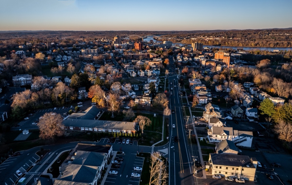 Aerial view of Middletown, Connecticut at sunset in November