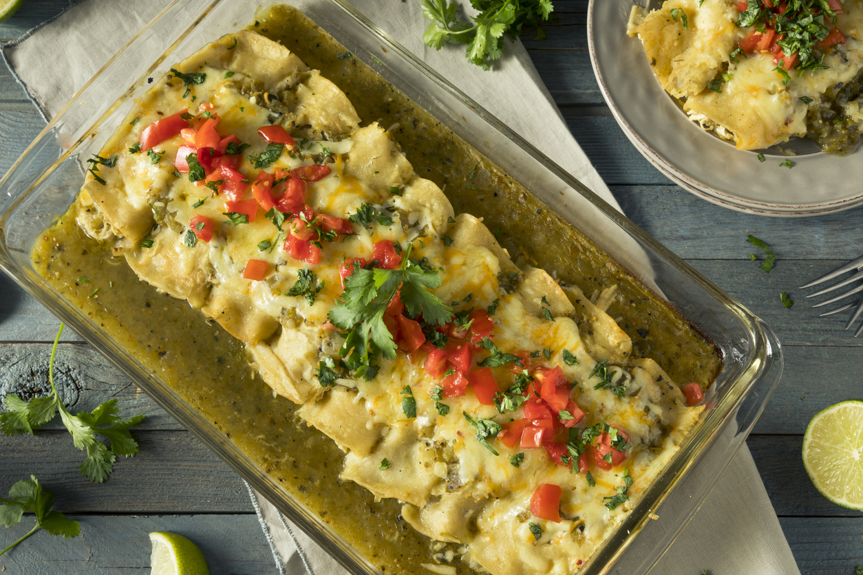 Homemade Green Chicken Enchiladas with Cilantro and Sauce