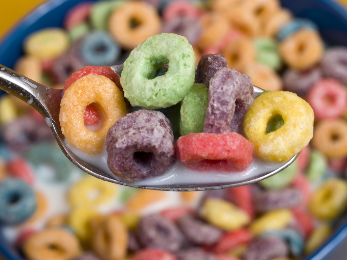 spoonful of Froot Loops from a bowl