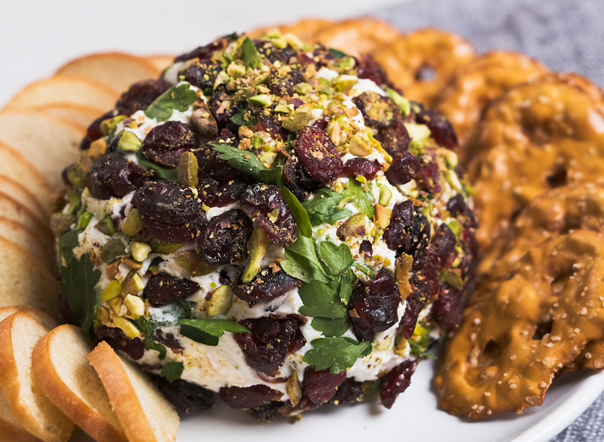 close up of pistachio cranberry cheese ball recipe