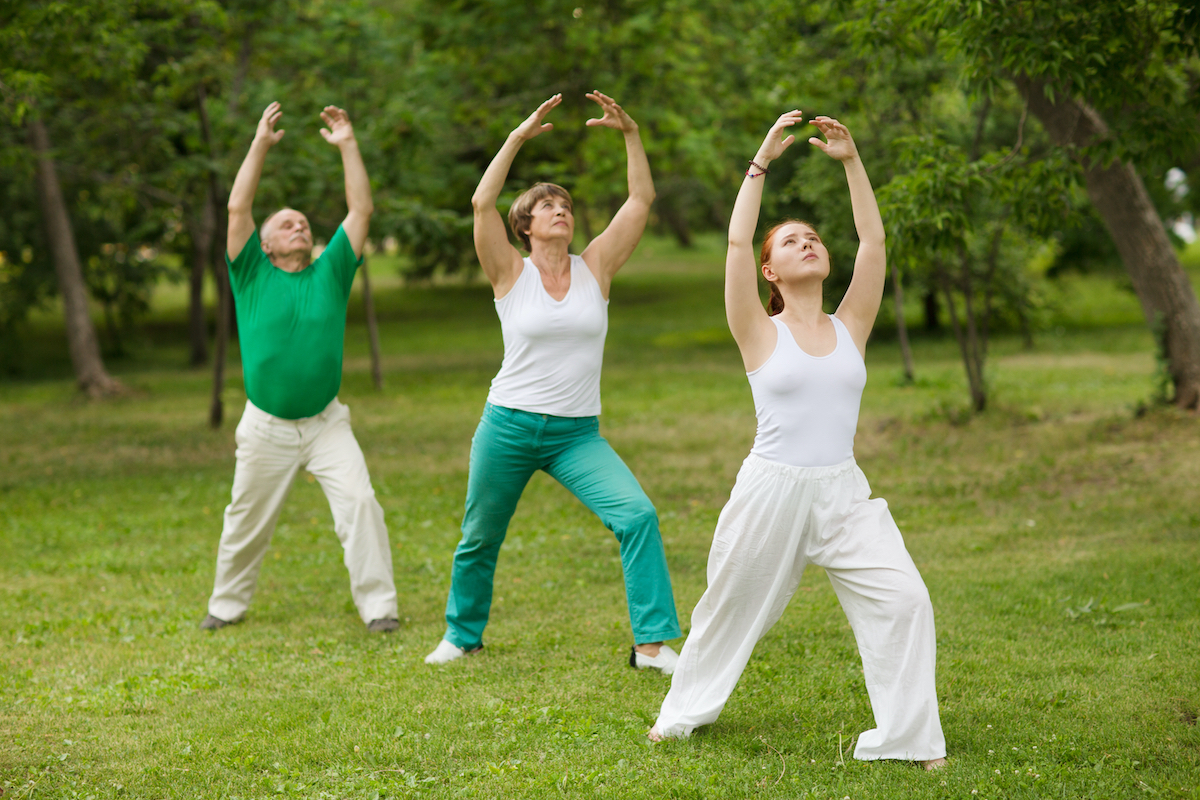 group of people practice Tai Chi Chuan in a park. Chinese management skill Qi's energy.