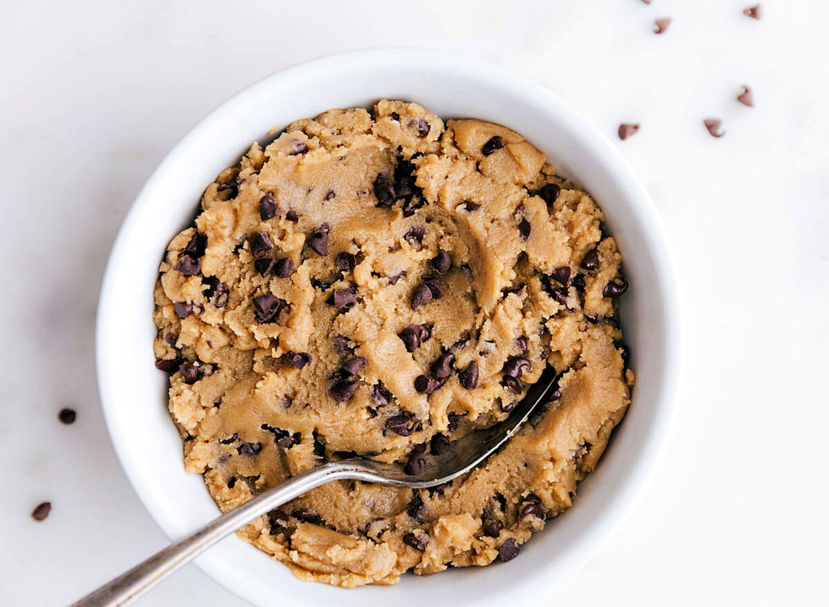 edible cookie dough in bowl with spoon