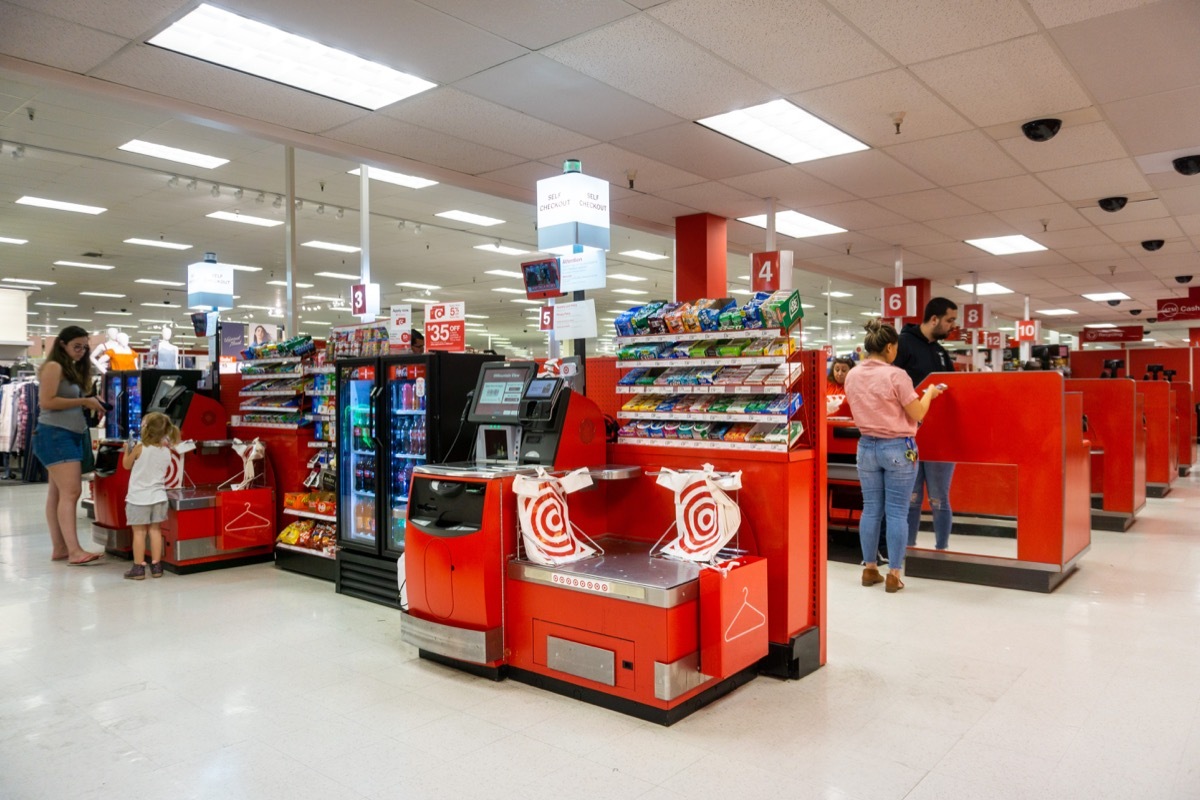 June 4, 2019 Mountain View / CA / USA - Self Checkout and Cash Registers area in a Target store in south San Francisco bay area