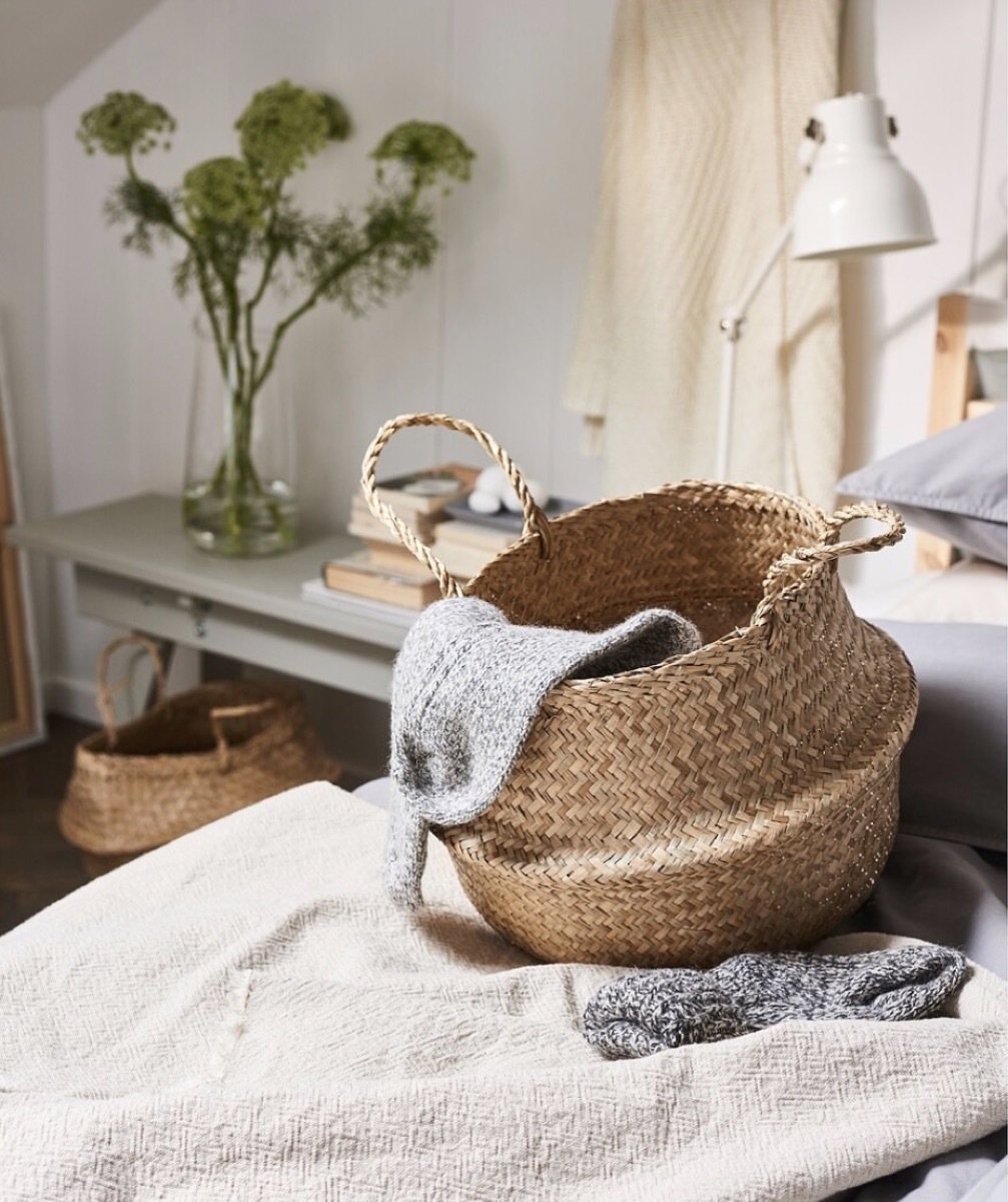 woven storage basket on bed