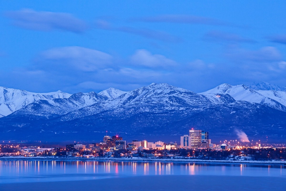 skyline photo with the Chugach mountains in Anchorage, Alaska at dusk