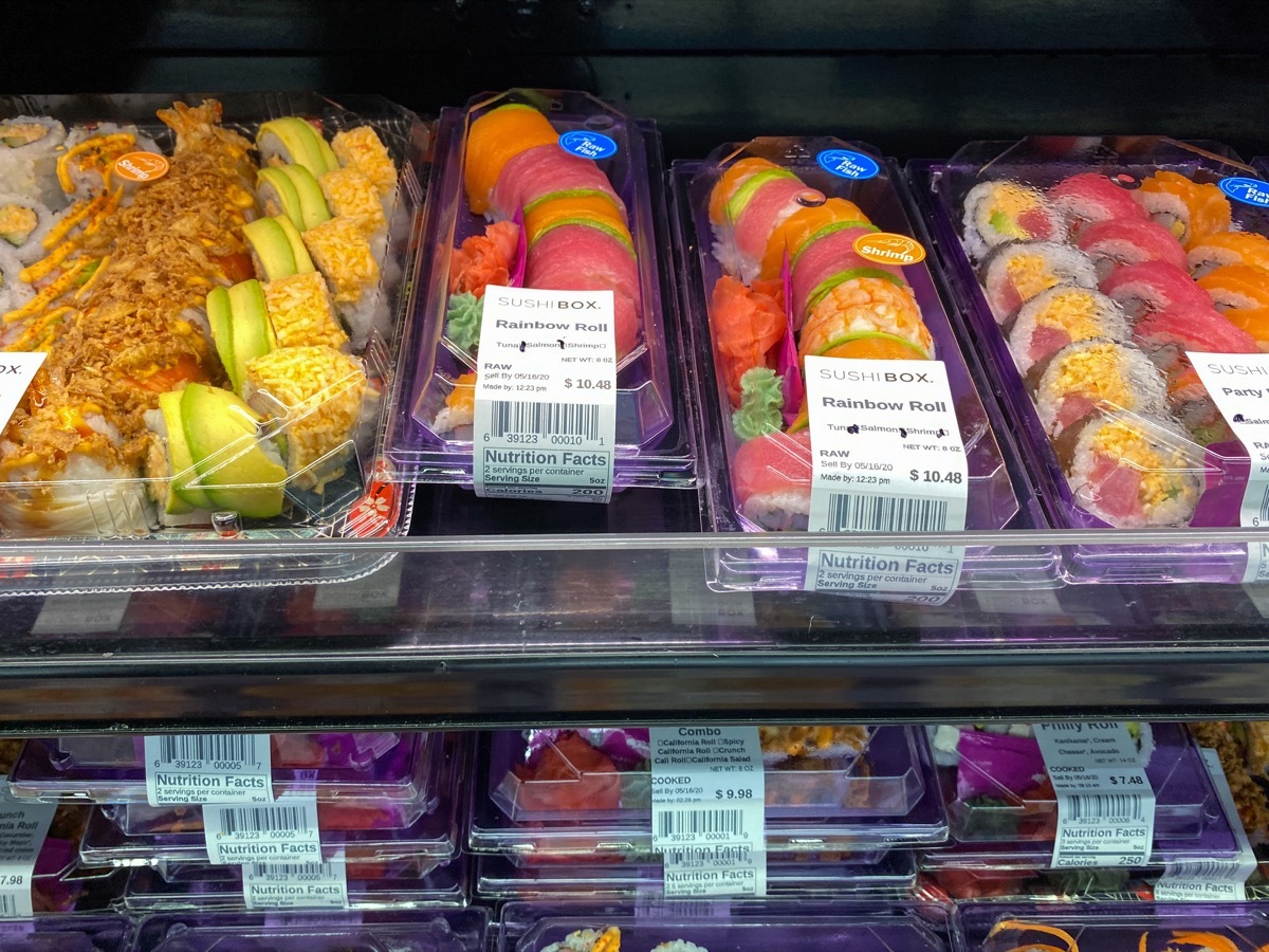 Orlando,FL/USA -5/15/20: Fresh and handmade Sushi in the refridgerated aisle of a Sams Club grocery store ready to be purchased by consumers.