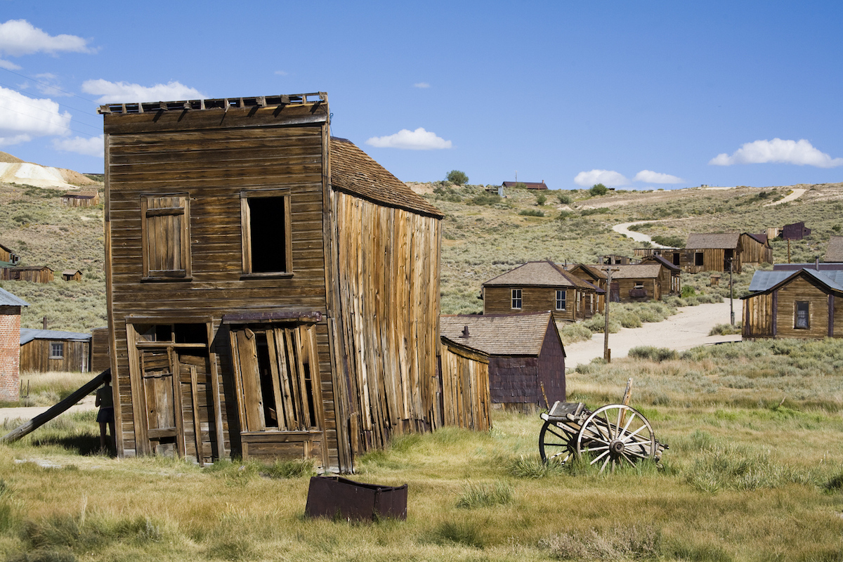 The abandoned wooden buildings of ghost town Bodie, California.