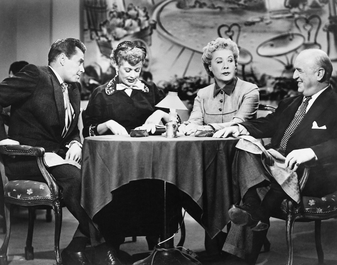 Desi Arnaz, Lucille Ball, Vivian Vance, and William Frawley filming 