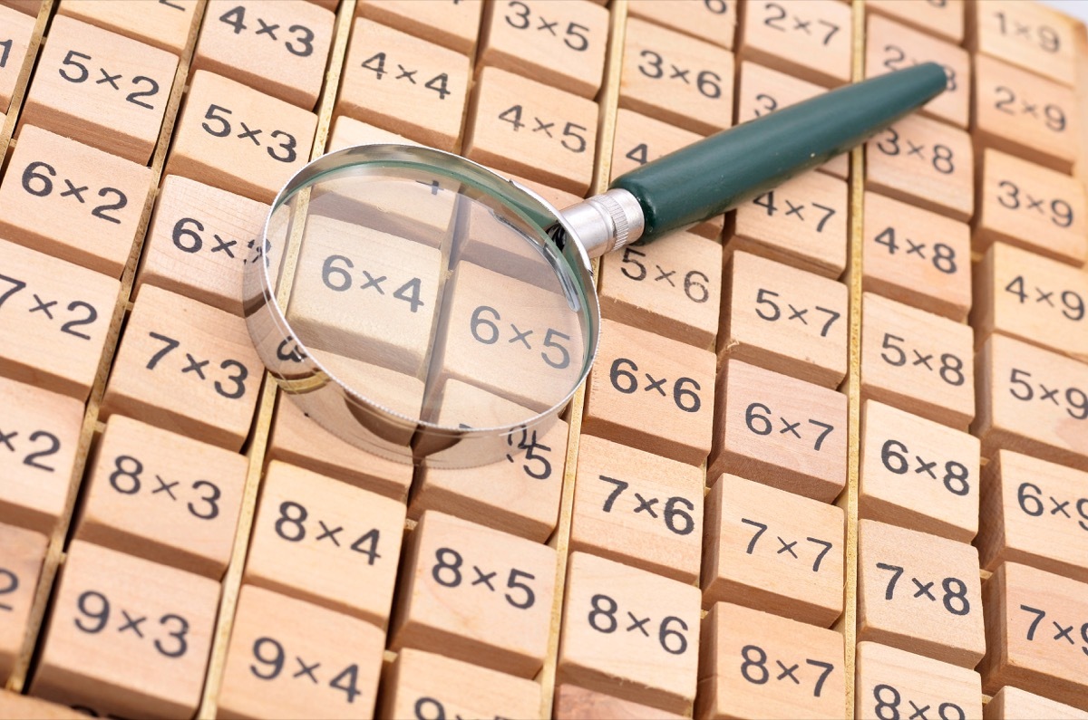 Magnifier on a set of simple multiplication tables wooden block. Education concept. 