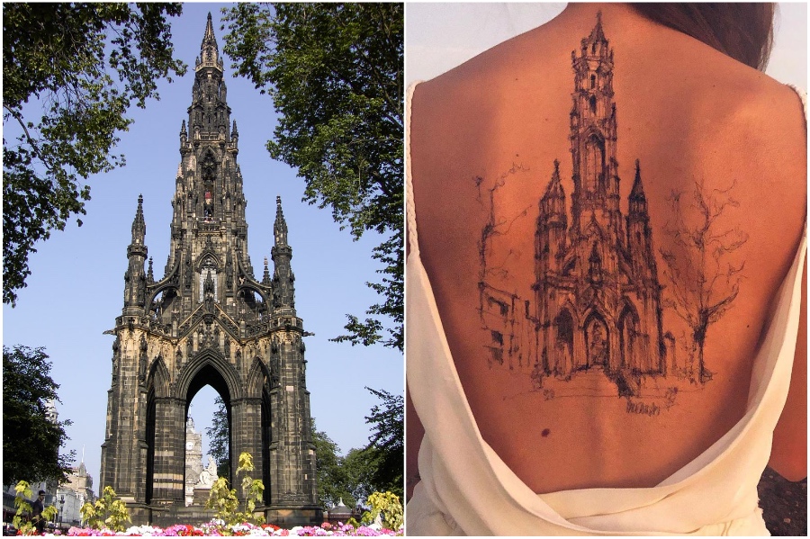 Walter Scott Monument in Edinburgh | Artist Uses Her Body As A Canvas For Architecture Sketches | Her Beauty