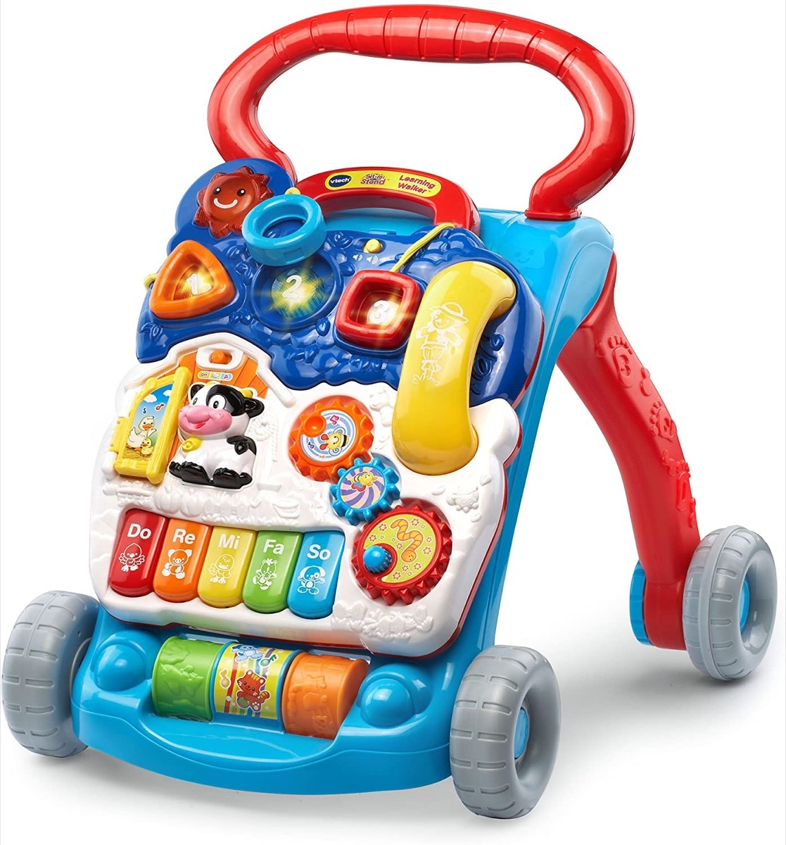 blue and red vtech walker with toys