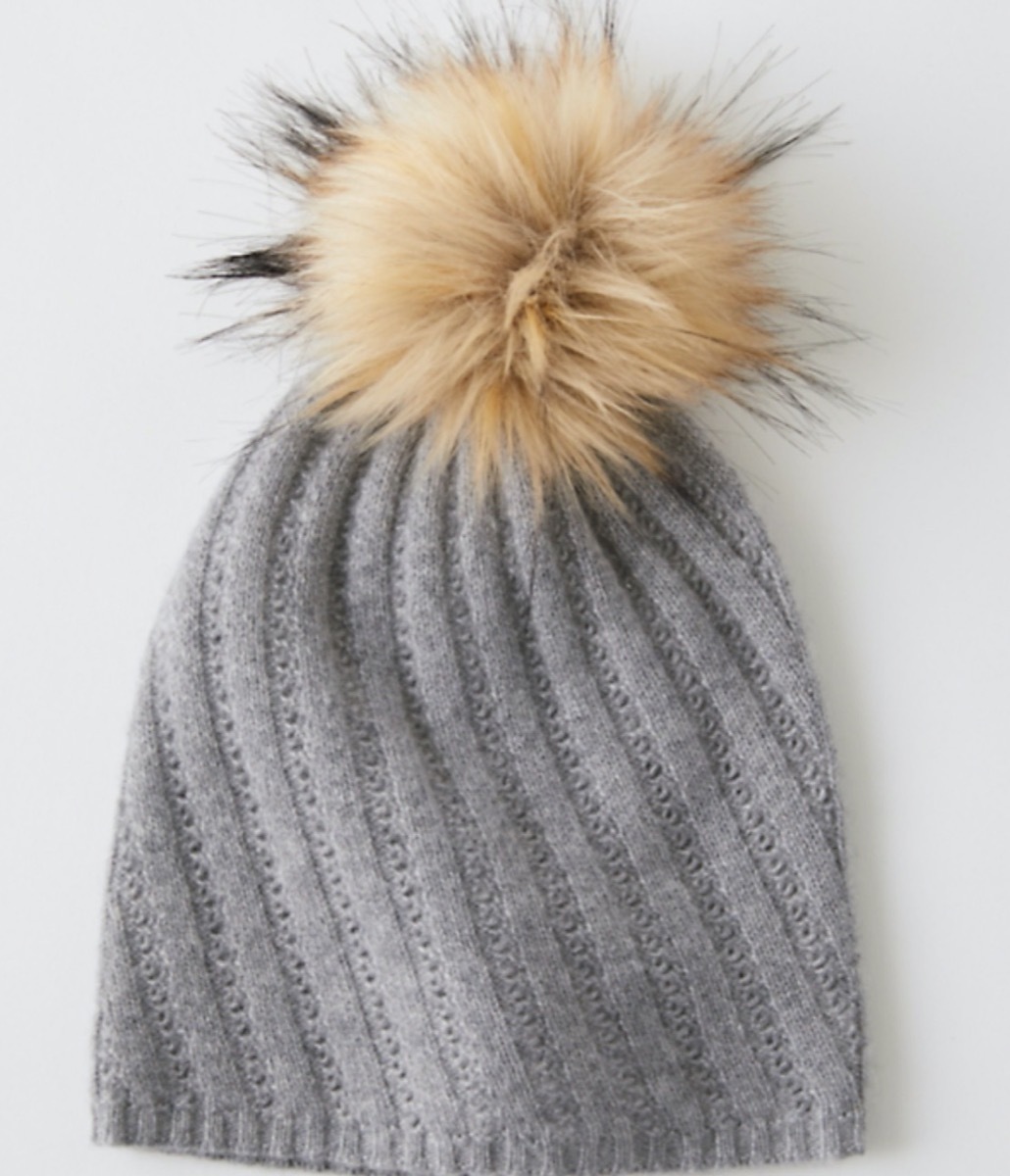 gray cashmere hat with brown pom pom