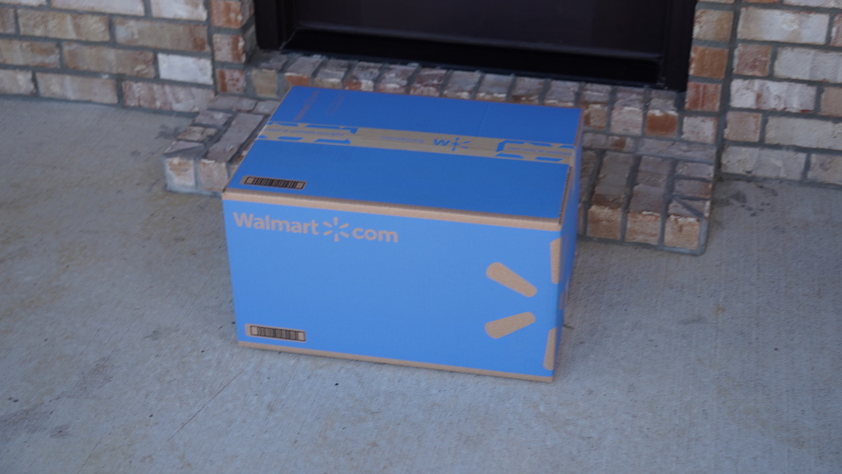 blue walmart box on doorstep