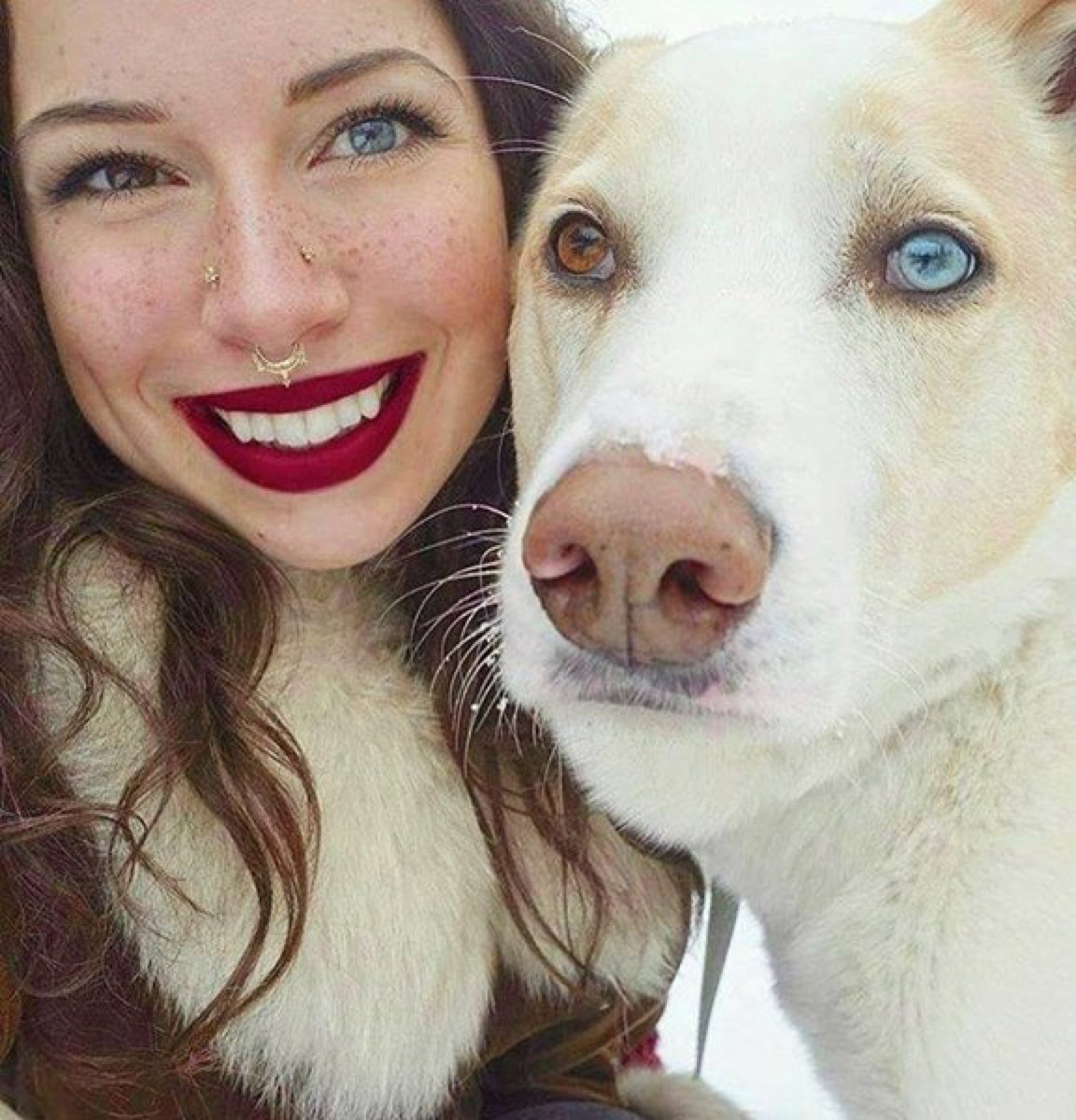 Woman has one blue and one brown eye and so does dog, dog and owner twins