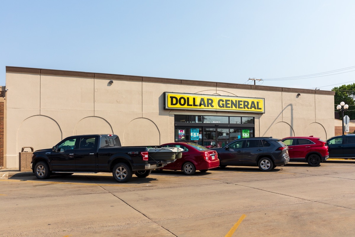 Chamberlain, SD, USA-24 AUGUST 2021: Dollar General store. Building, sign, parking lot.