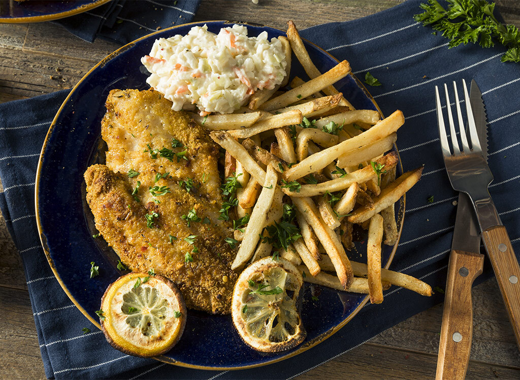 fried catfish with fries and coleslaw on plate