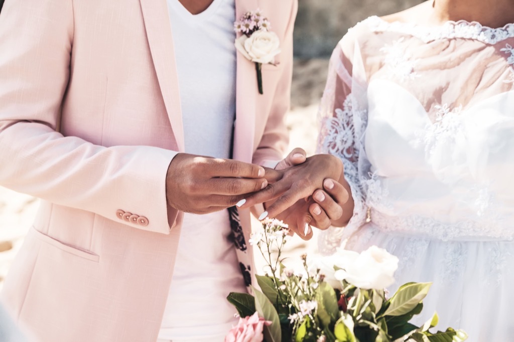 groom placing ring on bride's finger this is the age most people get married in every US state