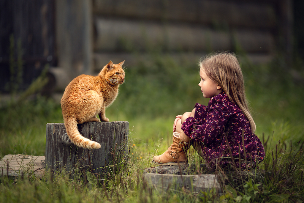 little girl is outside playing with her cat