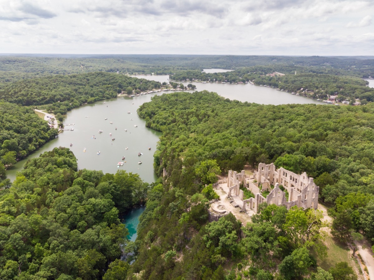 Aerial photo of Ha Ha Tonka State Park at the Lake of the Ozarks, MO.