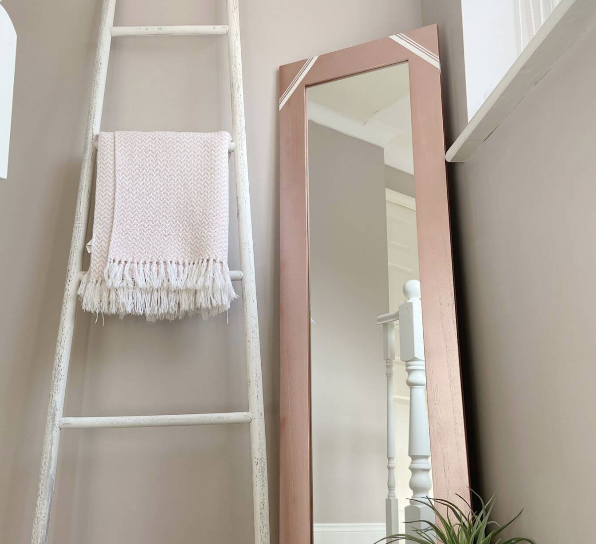 pink mirror next to blanket ladder