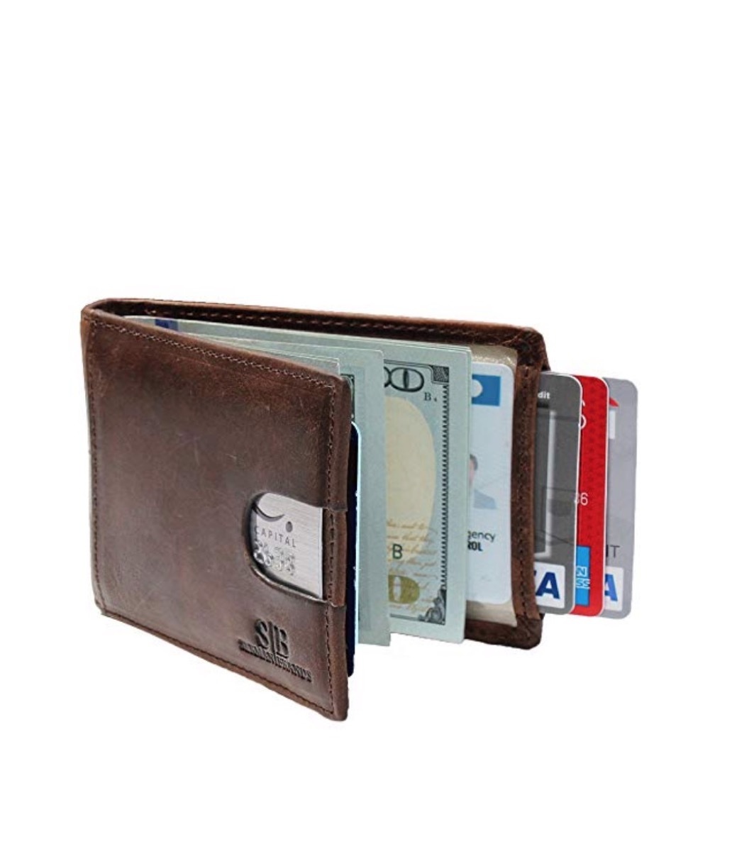 brown rfid wallet with credit cards on white background