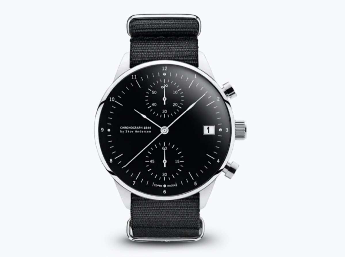 black leather chronograph watch