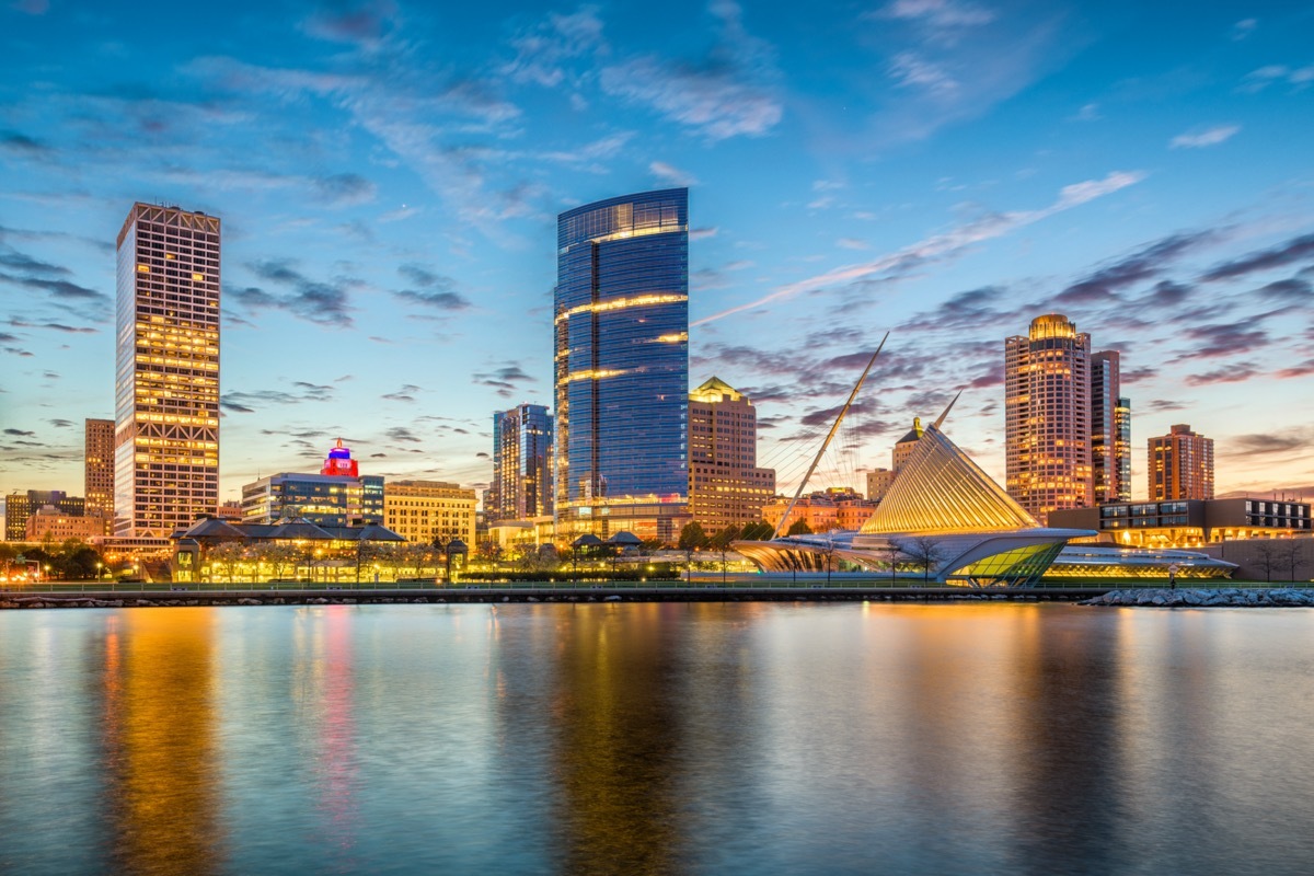 city skyline and Lake Michigan at twilight in Milwaukee, Wisconsin