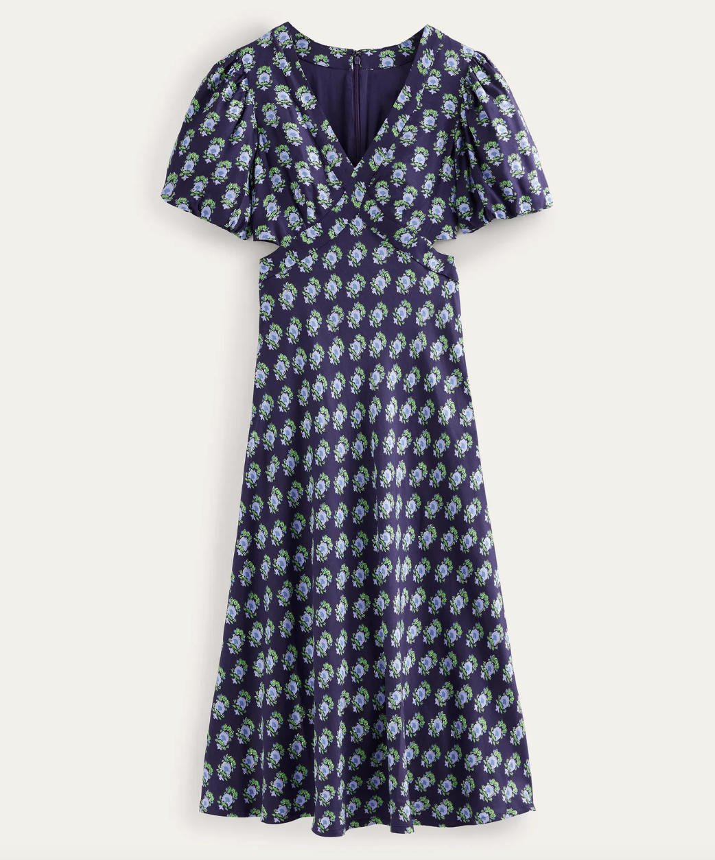 Product shot of the cut-out midi tea dress in a blue print from Boden