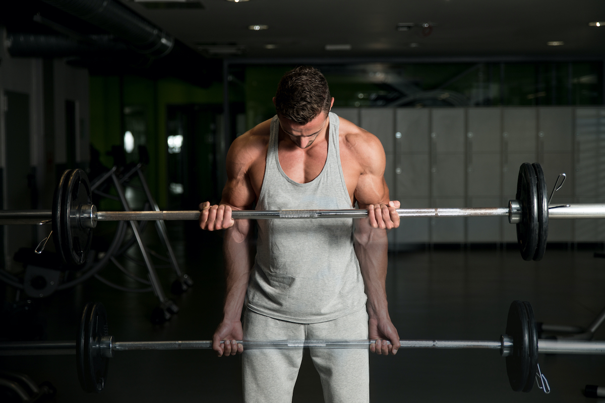 Showing How To Train Biceps. Young Athlete In The Gym Performing Biceps Curls With A Barbell