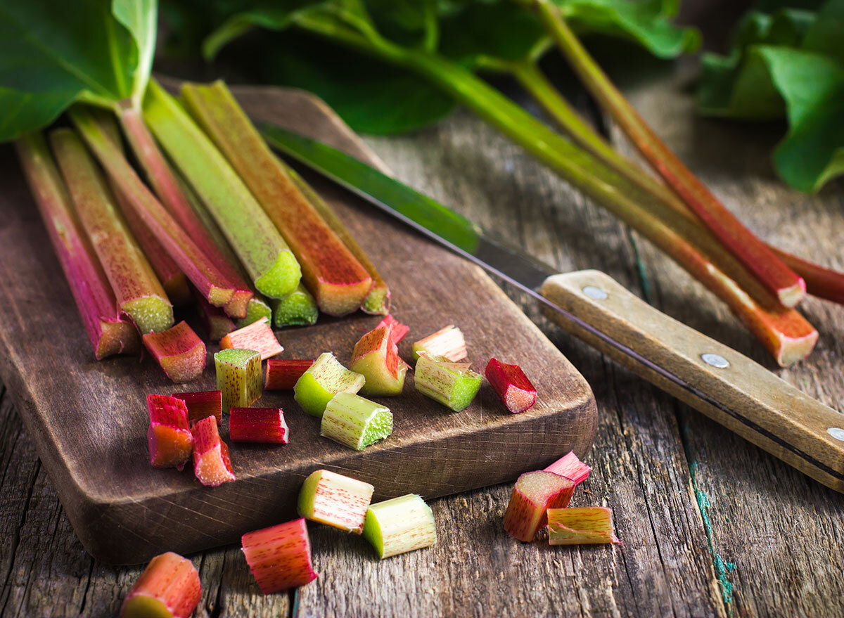 organic rhubarb on cutting board