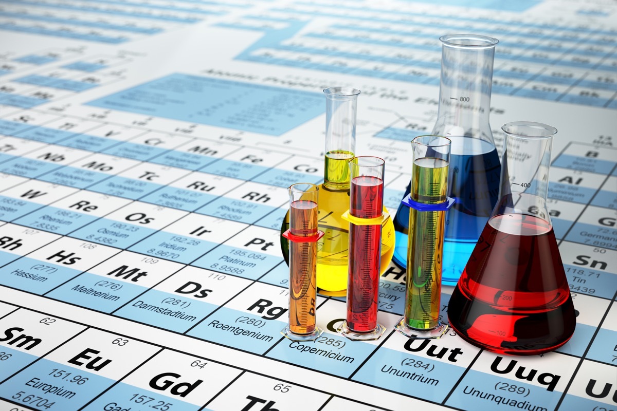 Science chemistry concept. Laboratory test tubes and flasks with colored liquids on the periodic table of elements, smarter facts