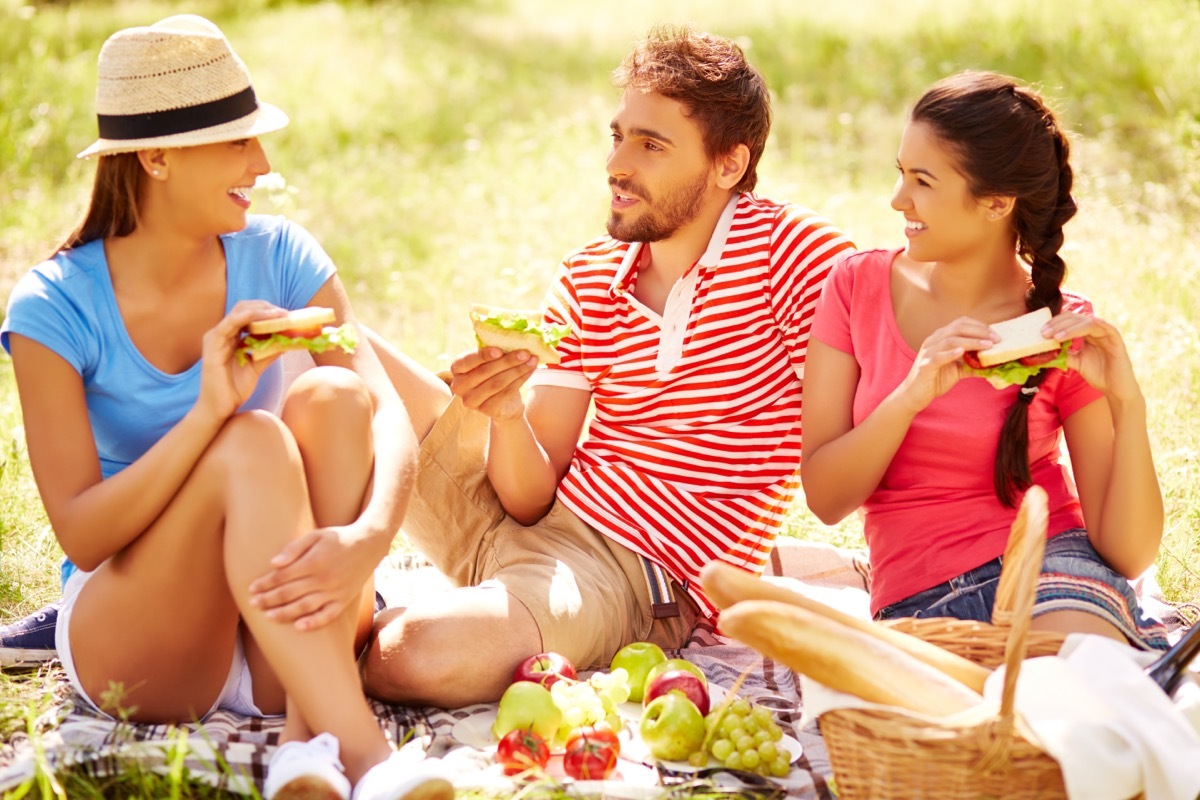 group of 20- or 30-something friends having a picnic outdoors