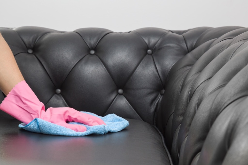 Woman cleaning the couch with a cloth