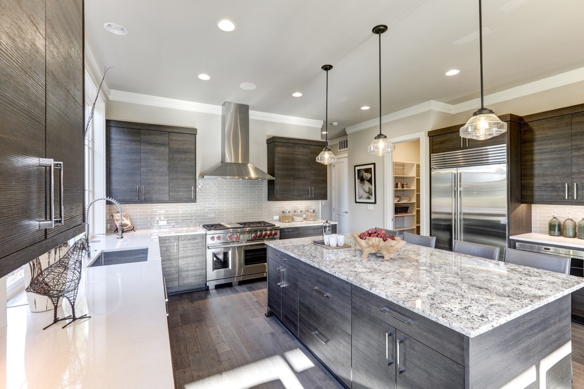 Quartz countertop in a gray kitchen