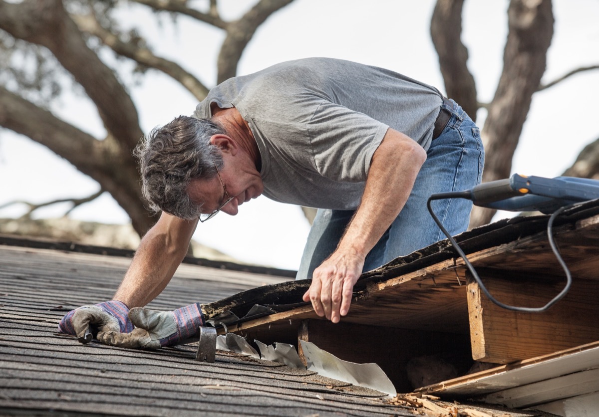 man looking at moldy roof