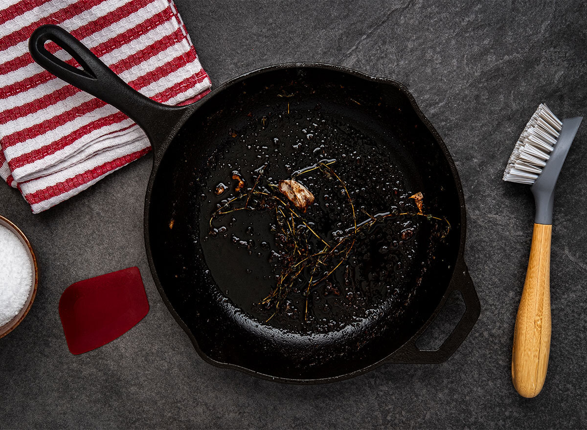 cast iron skillet with scrub brush