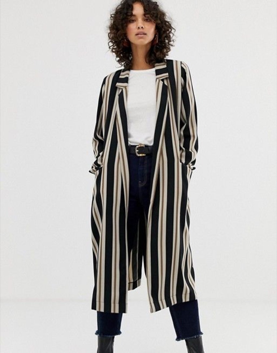 Woman wearing striped duster