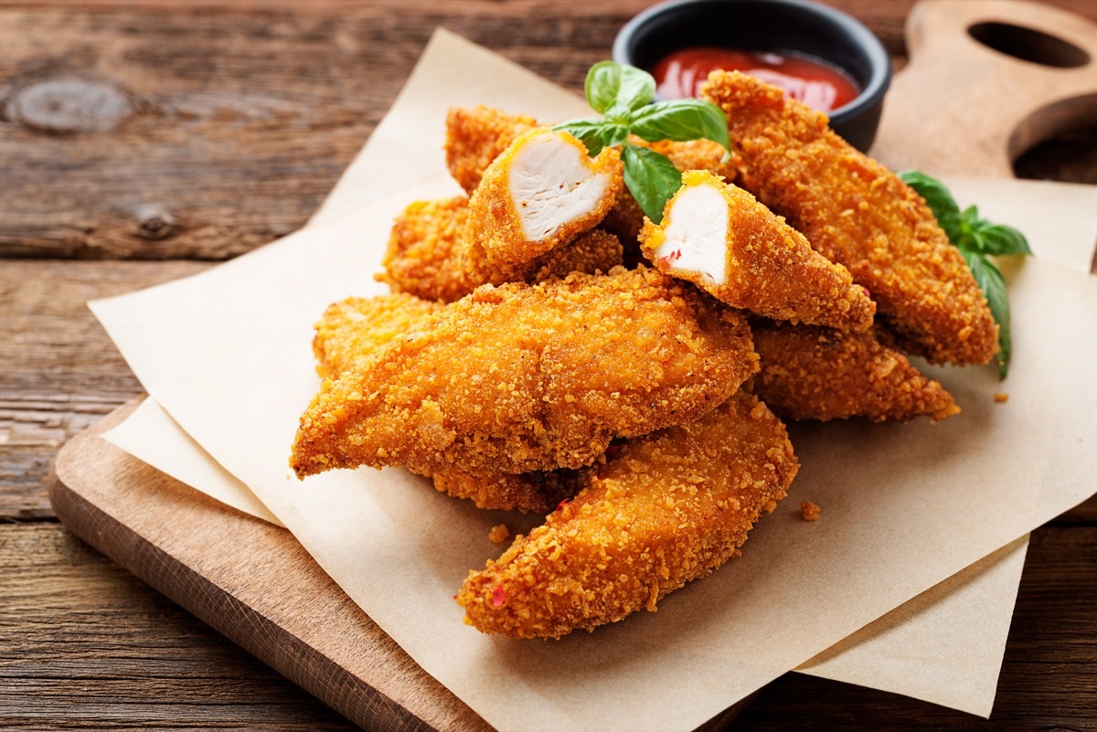 fried chicken breasts, ketchup, basil