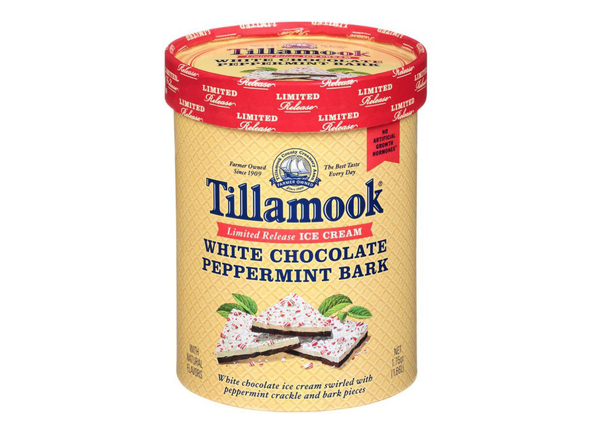 tub of tillamook white chocolate peppermint bark ice cream