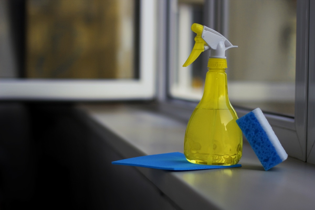 bottle of glass cleaner and sponge on ledge