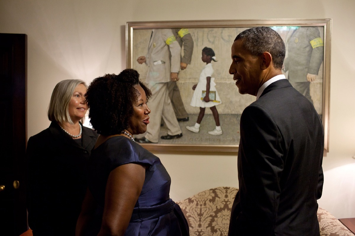 President Barack Obama with Ruby Bridges, who is the little girl portrayed in Normal Rockwell's famous painting, The Problem We All Live With, now on loan to the White House July 15, 2011 in Washington, DC. The painting depicts Ruby as she is escorted to school on the court-ordered first day of in