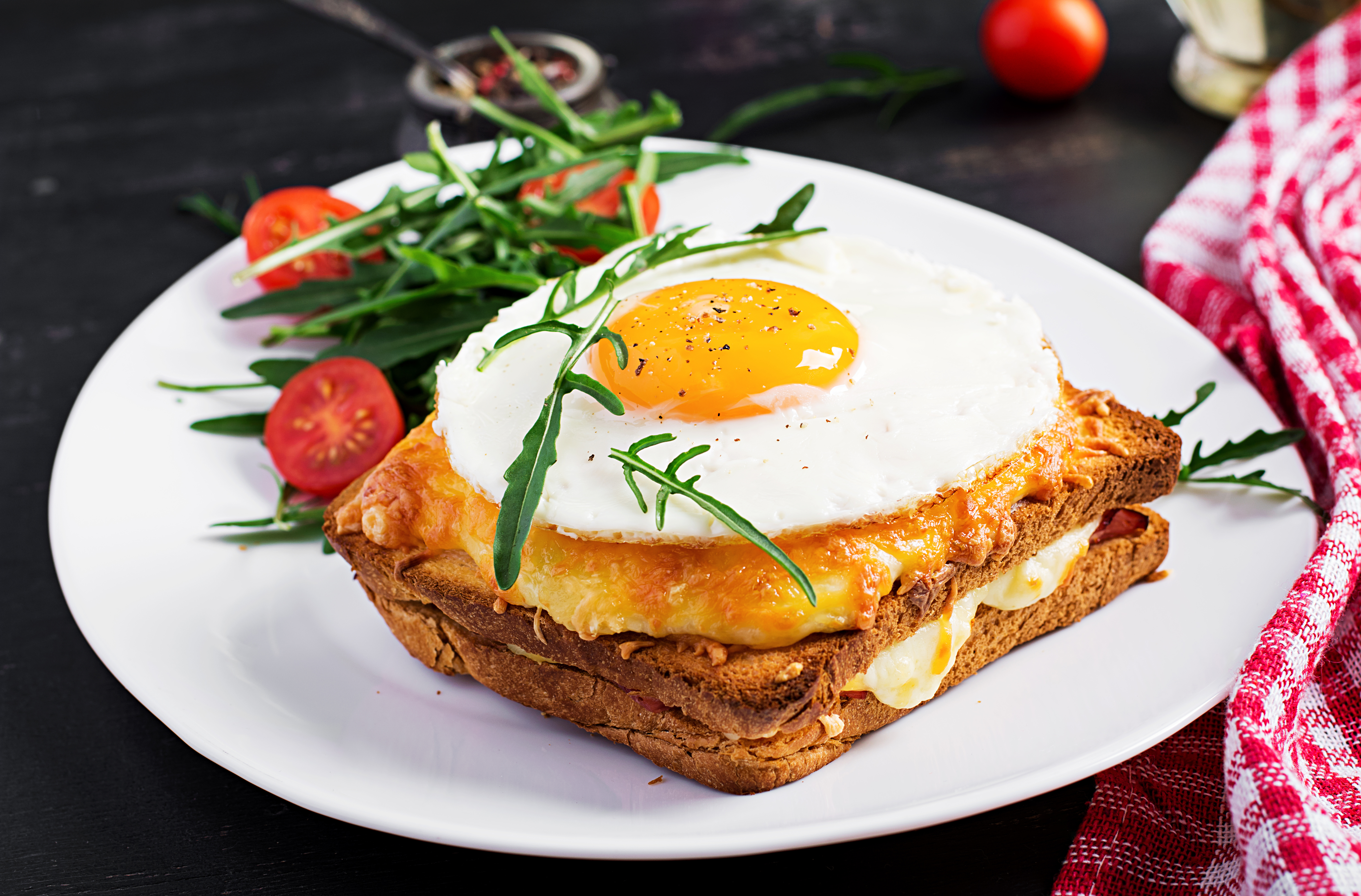 Breakfast. French cuisine. Croque madame sandwich close up on the table.